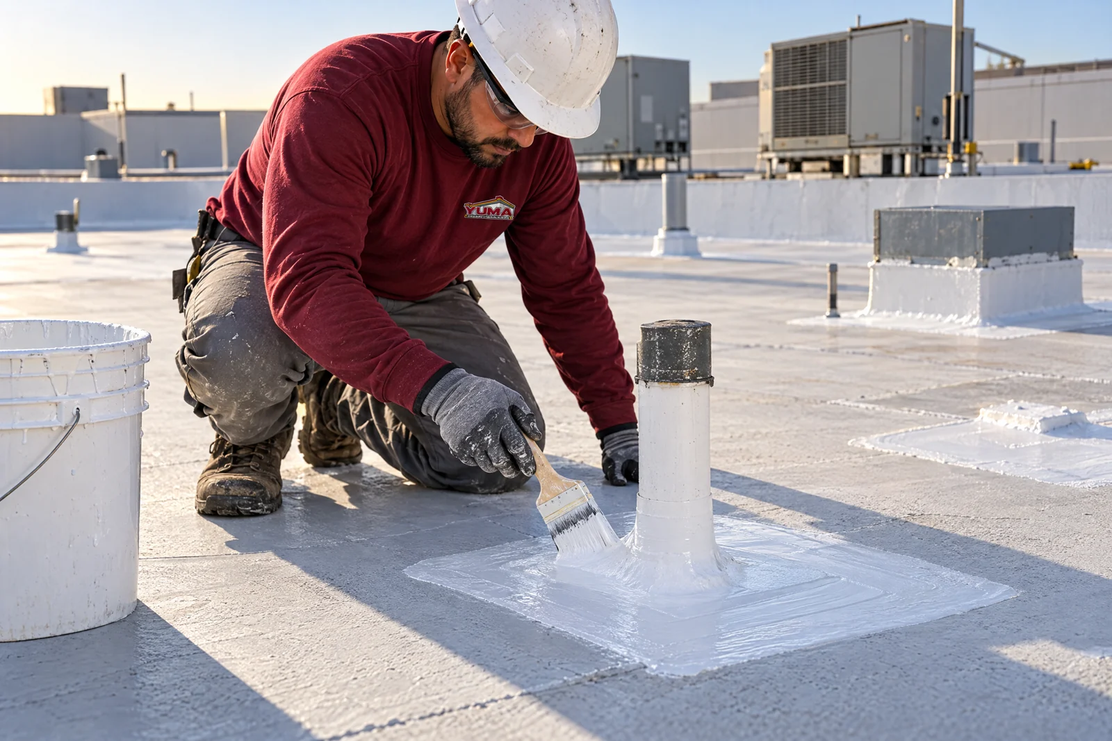 Worker brushing coating around a commercial roof penetration