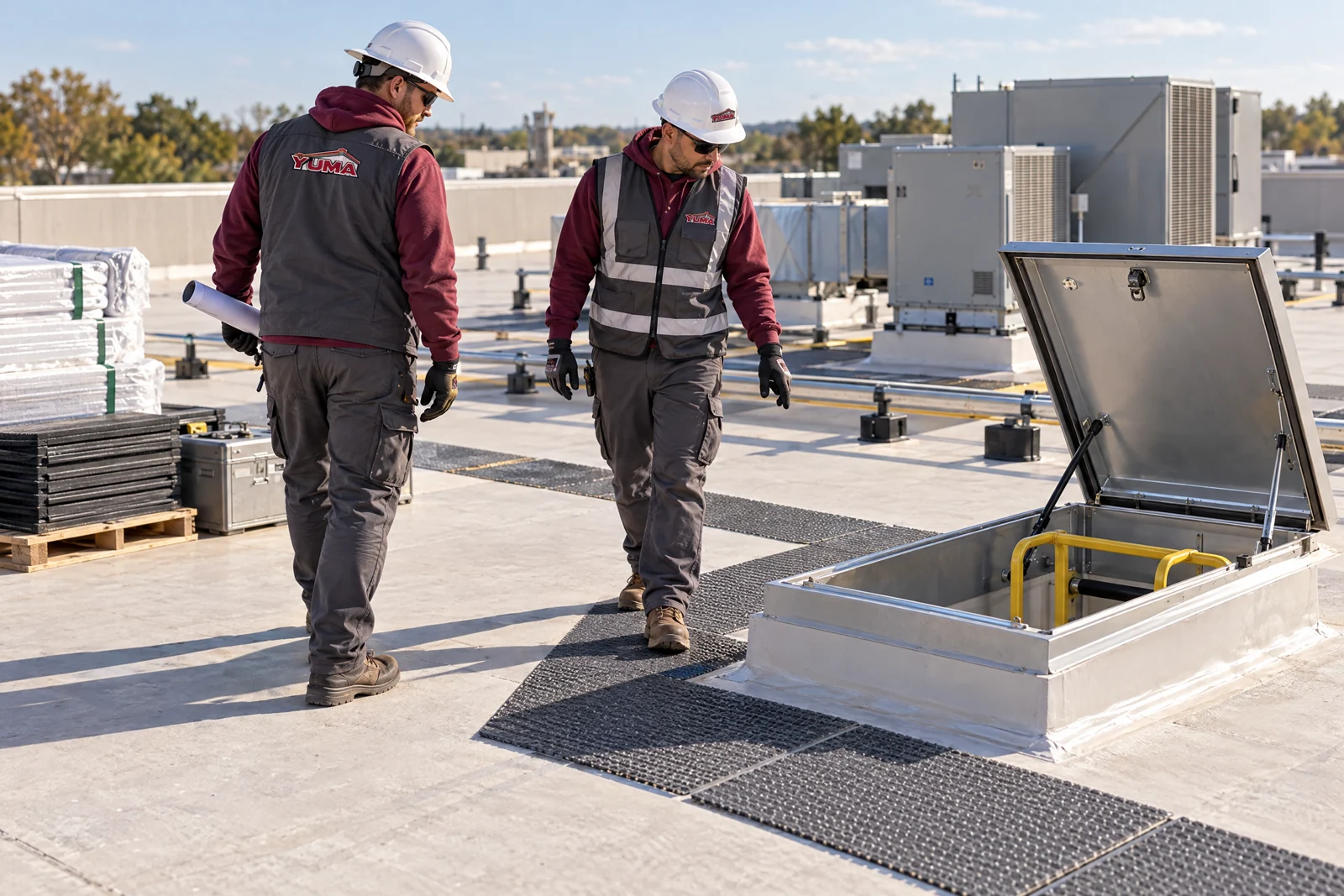 Roof access and material staging around commercial rooftop equipment