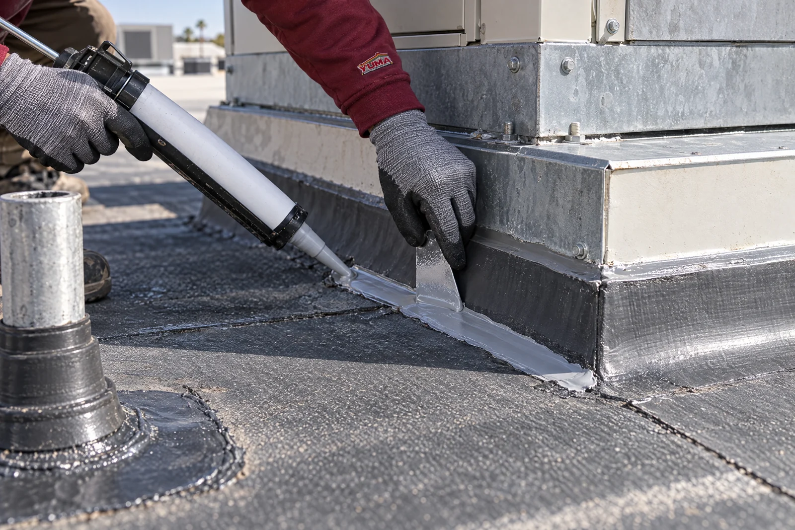 Gloved hands preparing flashing around a commercial roof curb