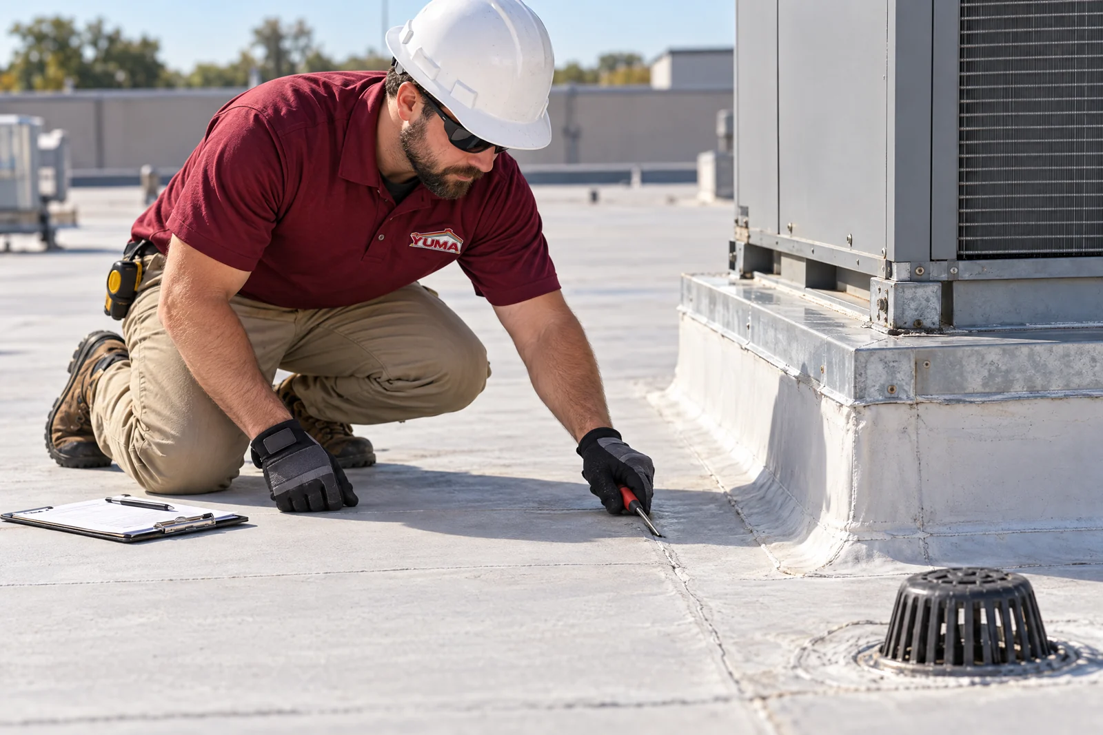 Worker checking membrane seams near commercial rooftop equipment
