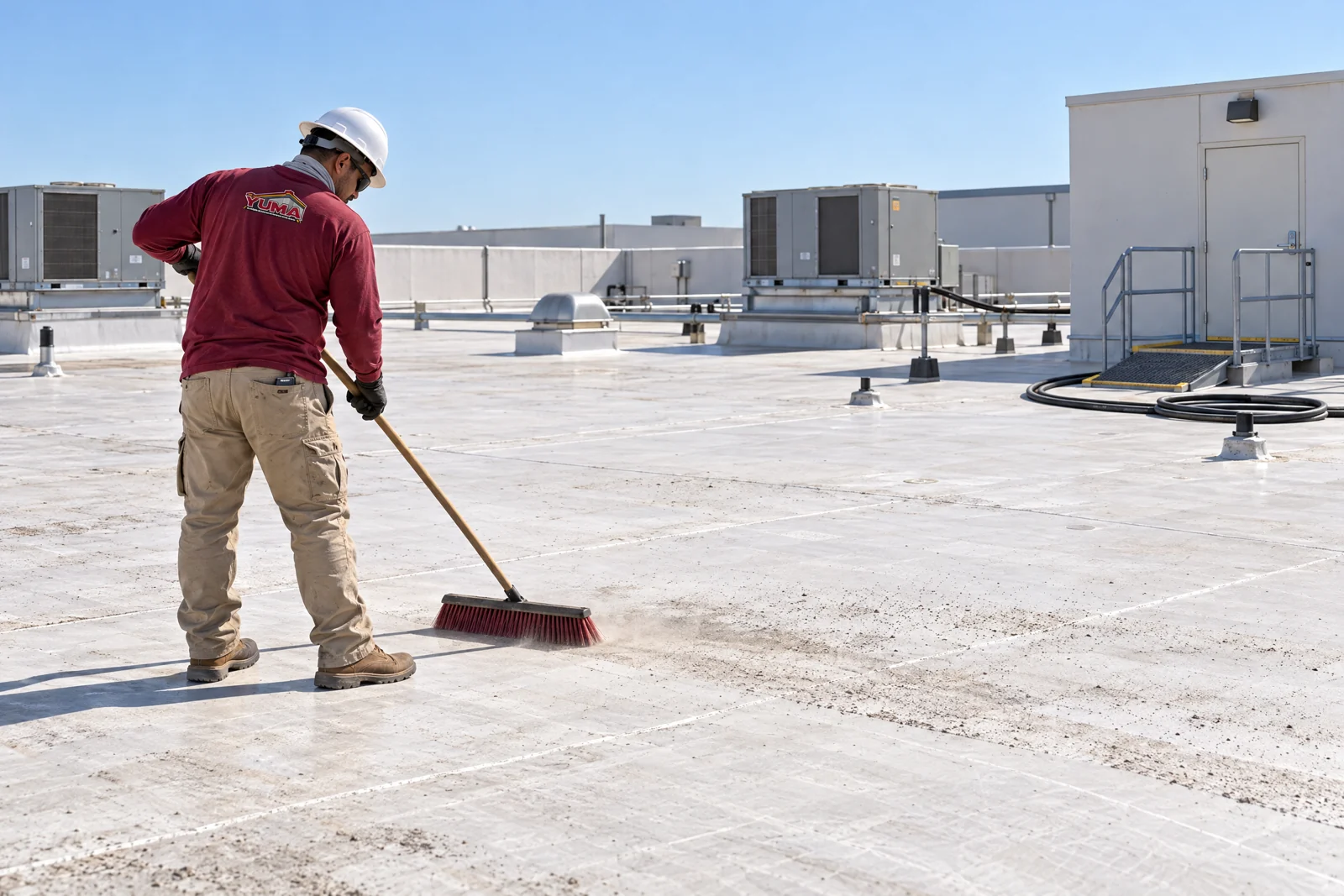 Worker clearing surface dust from a commercial roof