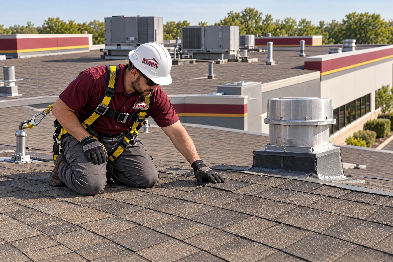 Worker inspecting shingles and flashing on a commercial building
