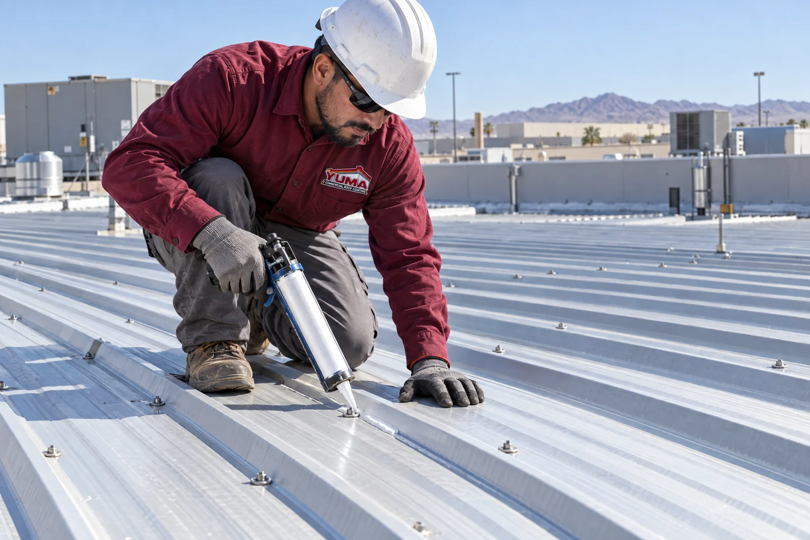 Worker sealing a joint on commercial metal roof panels