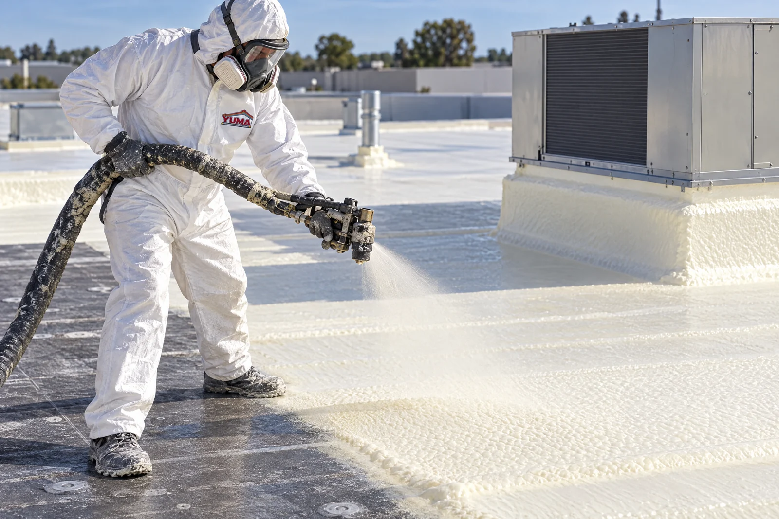 Protected worker applying foam on a commercial low-slope roof